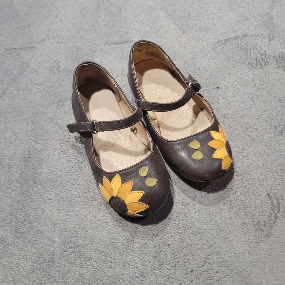Gymboree Mary Jane Girls 10 Brown Sunflower Faux Leather Hook Loop Dress Shoes